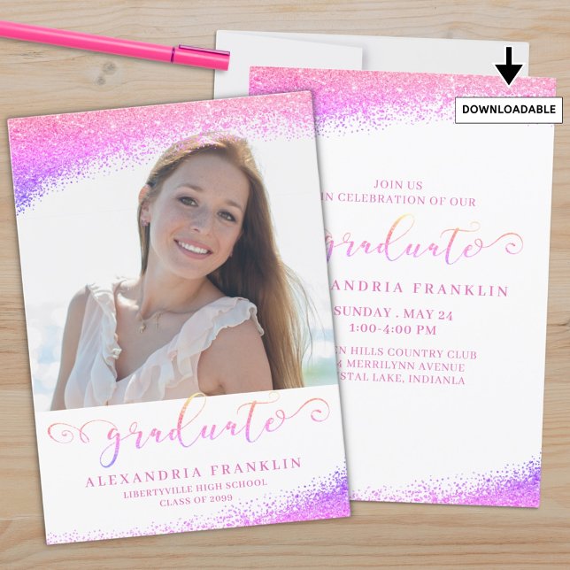 Graduate Extravagant Script Pink Imitats Glitzer F Einladung (Von Creator hochgeladen)