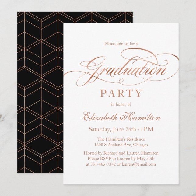 Graduate Foil Rose Gold Elegantes Script Grad Part Einladung (Vorne/Hinten)