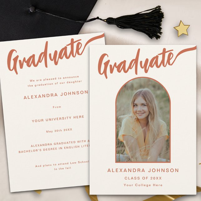 Graduate Foto Arch Burnt Orange Script Ankündigung (Whimsical graduate photo arch burnt orange calligraphy script graduation announcement card)
