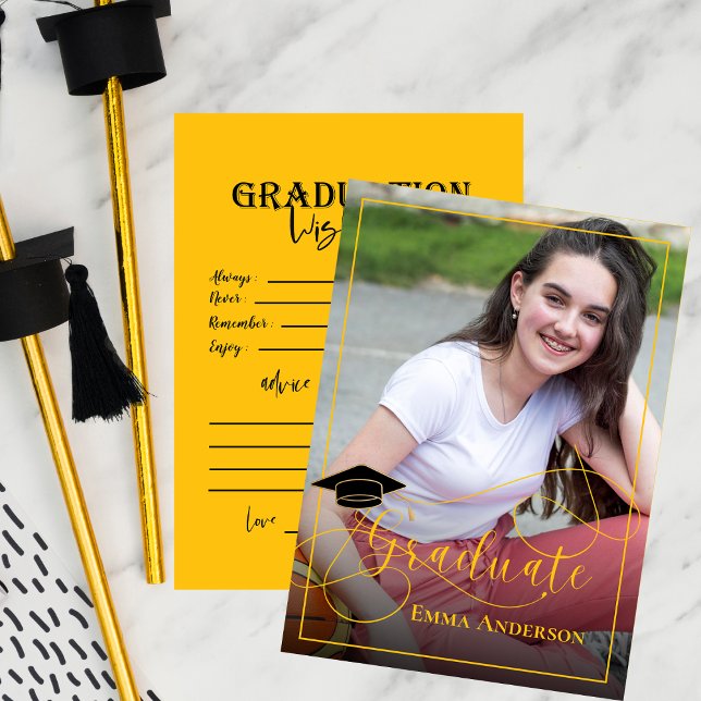 Graduate Foto Black and Yellow 2025 Abschluss Hinweiskarte (Graduate Photo Black and Yellow 2025 Graduation Advice Card)