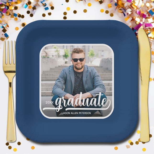 Graduate Foto Bold Script Graduation Party Pappteller (Photo Graduation Party Blue Square Paper Plates)