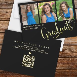 Graduate Foto Calligraphy Script Black Gold Einladung