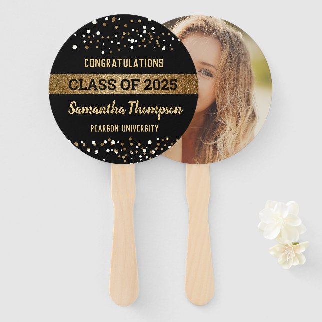Graduate Foto Class of 2025 Gold Black Glückwunsch Fächer (Vorne und Hinten)