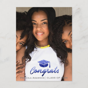 Graduate Foto Class Year Name Royal Blue Glitzer Postkarte