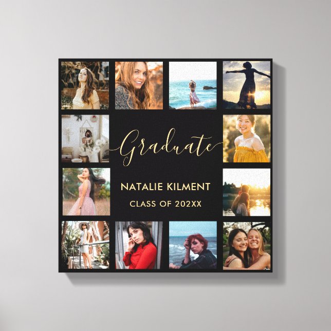 Graduate Foto Collage Black and Gold Abschluss Leinwanddruck (Vorderseite)