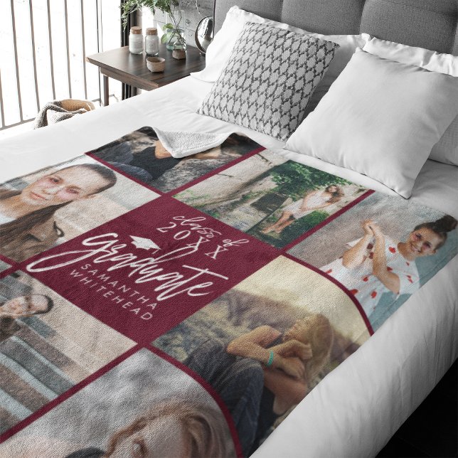Graduate Foto Collage Fleece Blanket Burgundy (Celebrate your graduate's milestone with our cozy, custom fleece blanket. )