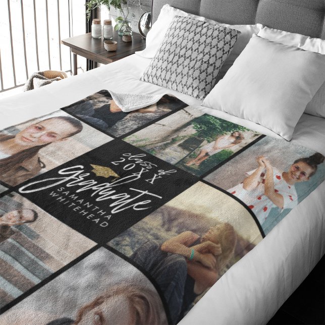 Graduate Foto Collage Gold Glitzer Cap Black Fleecedecke (Celebrate your graduate's milestone with our cozy, custom fleece blanket.)