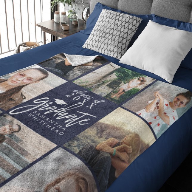 Graduate Foto Collage Navy Blue Fleecedecke (Celebrate your graduate's milestone with our cozy, custom fleece blanket. )