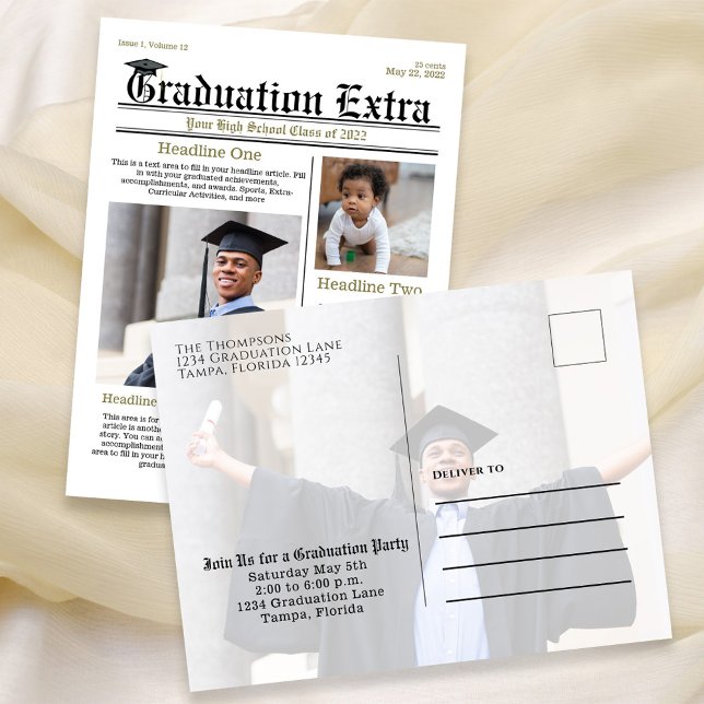 Graduate Foto Collate Modern Trendy Newspaper Postkarte (Graduation announcement postcard invitation with a whimsical Newspaper theme. )