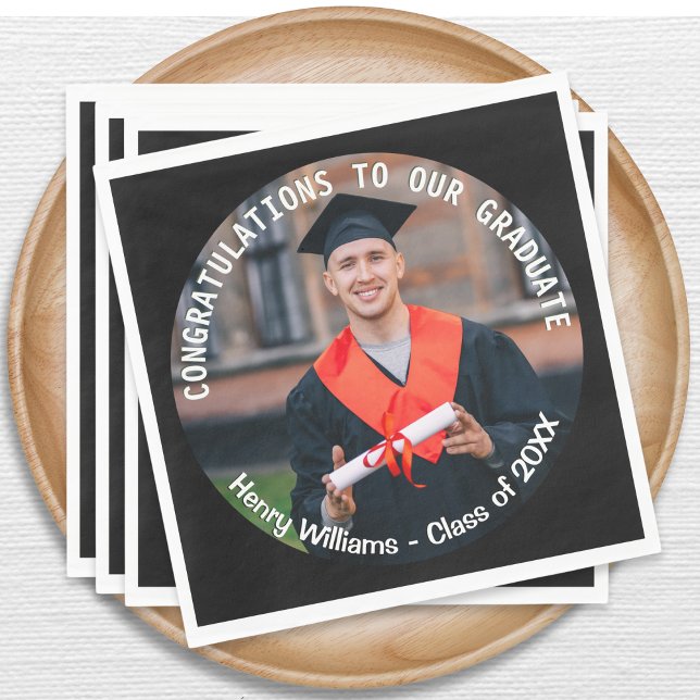 Graduate Foto Elegant Graduate Stilvoll nach Maß Serviette (Stylish paper napkins for graduation celebrations, personalized with graduate photo, name and year)