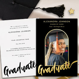 Graduate Foto Elegantes Arch Script Schwarzes Gold Folieneinladung