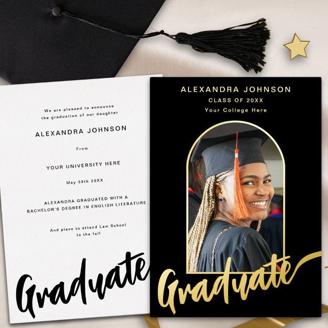 Graduate Foto Elegantes Arch Script Schwarzes Gold Folieneinladung (Elegant gold foil script graduate photo arch black Graduation announcement card)