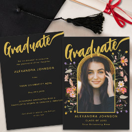 Graduate Foto Floral Arch Black and Gold Script Ankündigung