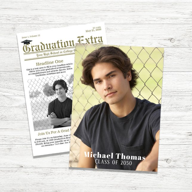 Graduate Foto Moderne, trendige Zeitung Einladung (Graduation newspaper themed graduation photo card.)