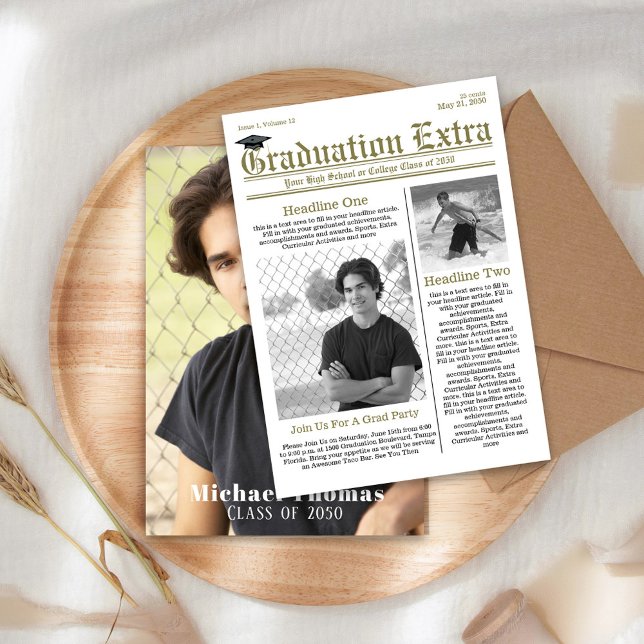 Graduate Foto Moderne, trendige Zeitung Einladung (Graduation photo invitation announcement with unique Newspaper print template. )