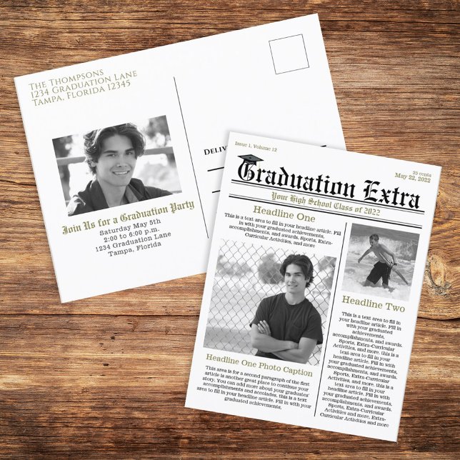 Graduate Foto Moderne, trendige Zeitung Postkarte (Graduation announcement postcard invitation with a whimsical Newspaper theme. )