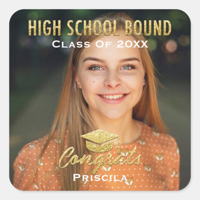 Graduate Foto Name Gold Glitzer High School Moden Quadratischer Aufkleber (Vorderseite)