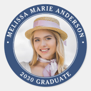 Graduate Foto Name Year Navy Blue Abschluss Runder Aufkleber