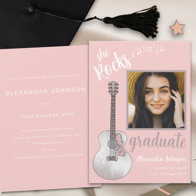 Graduate Foto Pink Country Music Graduation Party Einladung (Pink guitar country music graduation party invitation with graduate photo template modern script )
