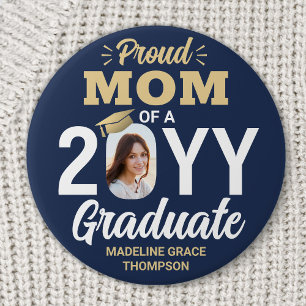 Graduate Foto Proud Mama Elegante Navy Blue & Gold Button