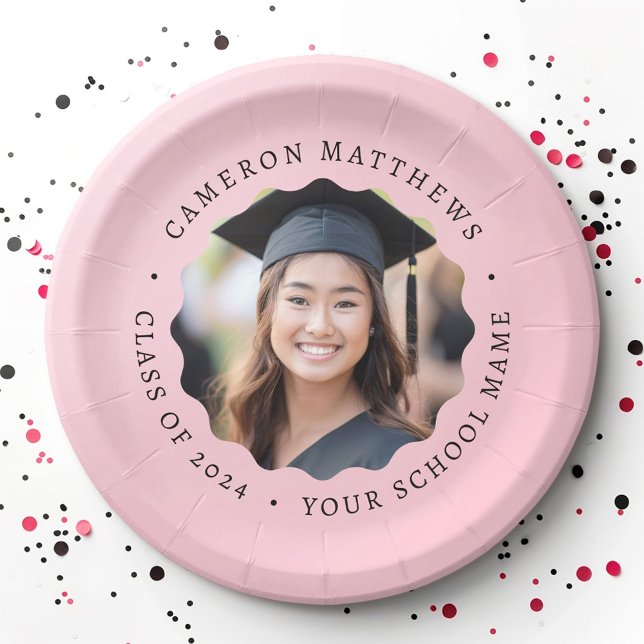 Graduate Foto rosa Abschluss Pappteller (Graduate photo pink wavy border graduation paper plates)