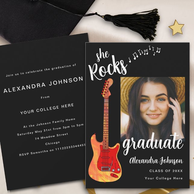 Graduate Foto Schwarz-weiß Script Graduation Party Einladung (Cool electric guitar rock music Graduation party invitation with graduate photo template and stylish)