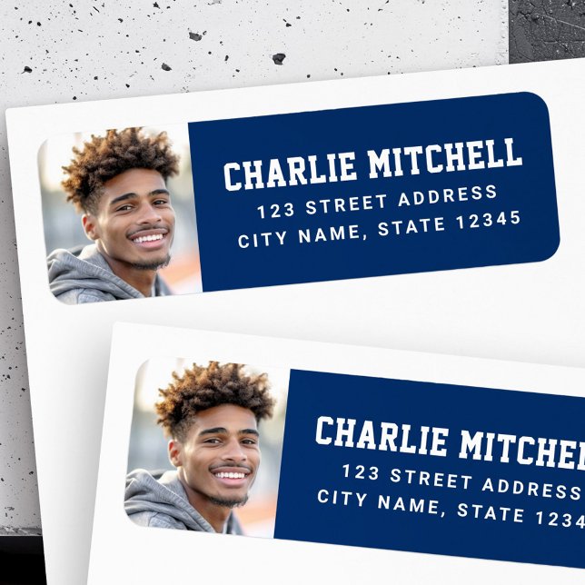 Graduate Foto Uni Schriftart Blau Rücksendeadresse (Graduate photo college font blue return address label)