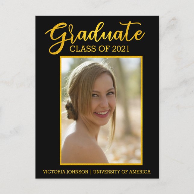 Graduate Gold Black Foto Class of 2021 Abschluss Postkarte (Vorderseite)
