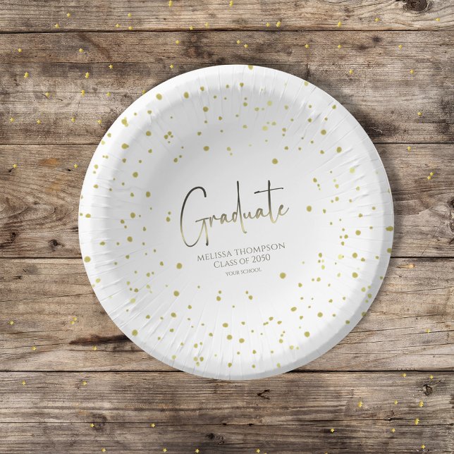 Graduate Gold Confetti Modern Calligraphy Script Pappteller (Von Creator hochgeladen)