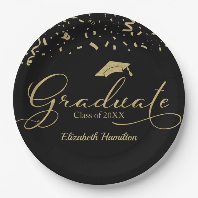 Graduate Gold Foil Graduation Party Black Pappteller (Vorderseite)
