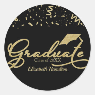 Graduate Gold Foil Graduation Party Black Runder Aufkleber