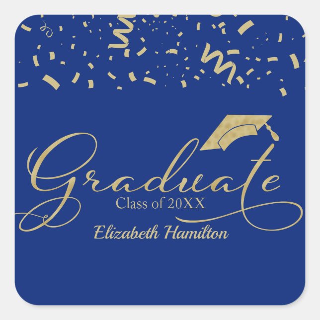 Graduate Gold Foil Graduation Party Blue Quadratischer Aufkleber (Vorderseite)