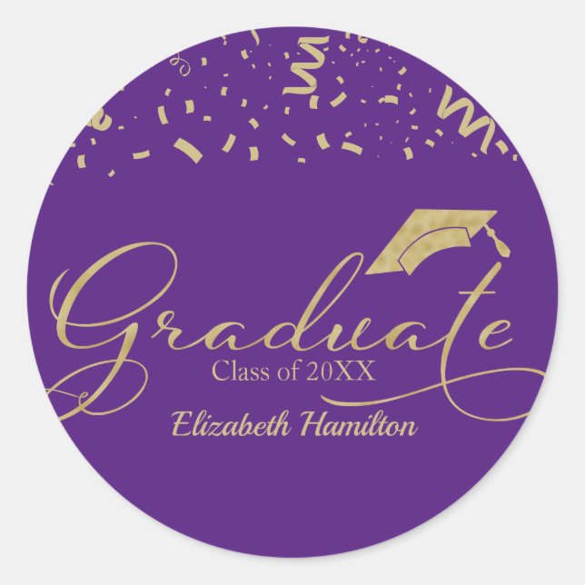 Graduate Gold Foil Graduation Party Lila Runder Aufkleber (Vorderseite)