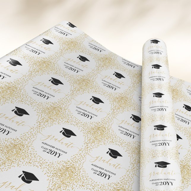 Graduate Gold Glitzer Confetti White Black Geschenkpapier (Von Creator hochgeladen)