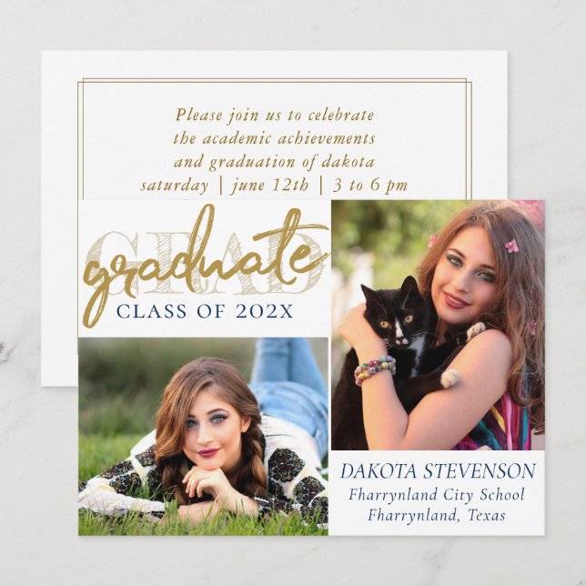 Graduate Gold Script | Elegant Grad 2 Foto Einladung (Vorne/Hinten)