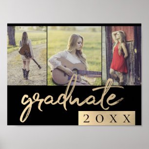 Graduate Gold Script   Elegantes 3 Foto Keepake Poster