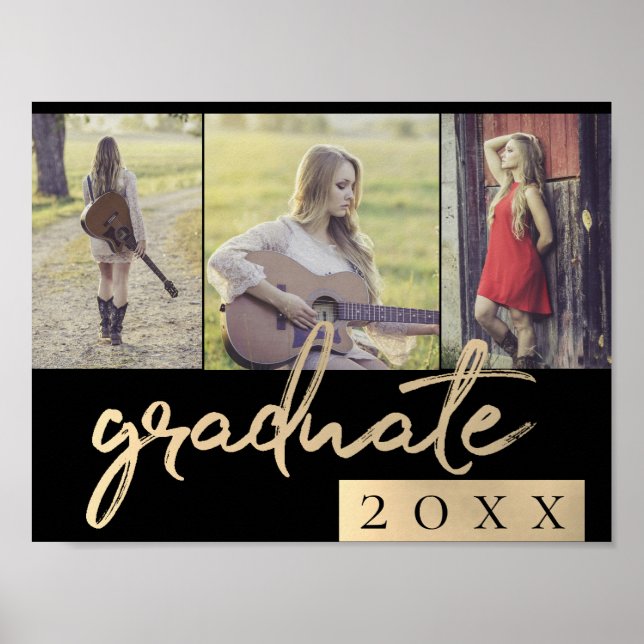 Graduate Gold Script | Elegantes 3 Foto Keepake Poster (Vorne)