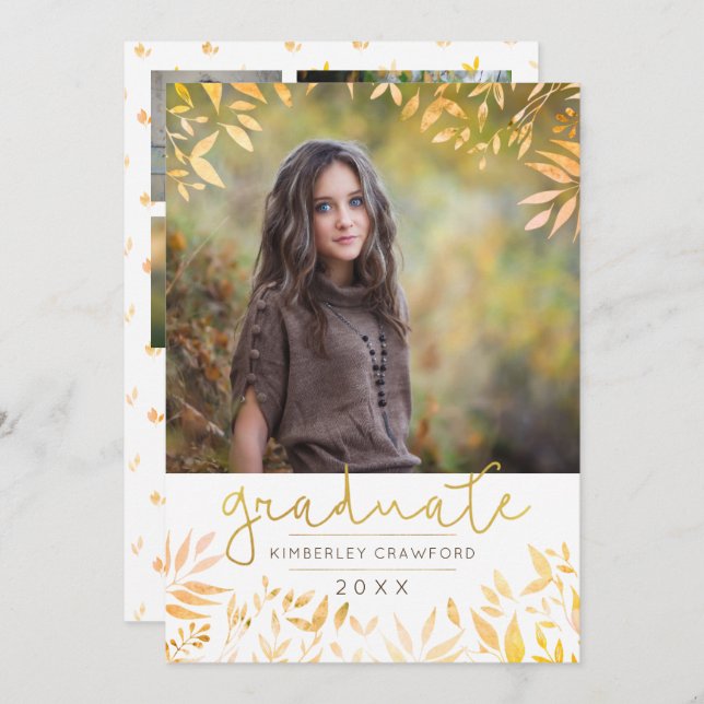 Graduate Gold Script Foliage Foto Collage Einladung (Vorne/Hinten)