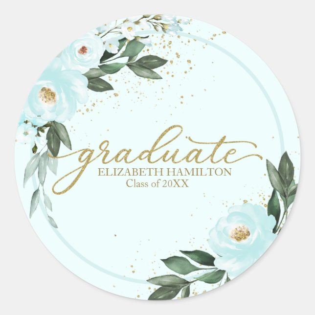 Graduate Gold Teal Floral Graduation Party Runder Aufkleber (Vorderseite)