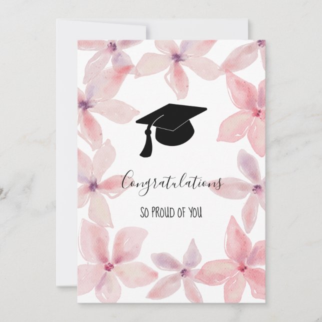 Graduate Hat gratulieren Watercolor Floral Einladung (Vorderseite)