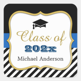 Graduate Hat Modern Gold Navy Stripes Abschluss Quadratischer Aufkleber