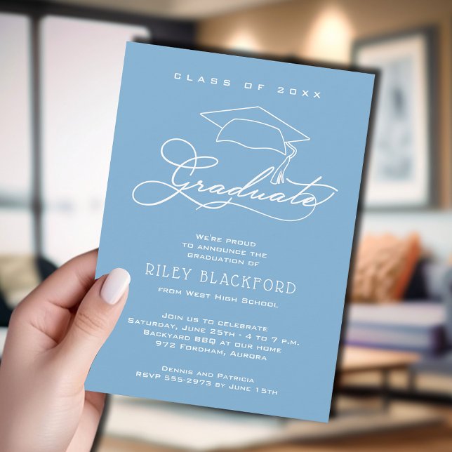 Graduate Hat Pulver Blue Abschluss Ankündigung (Powder blue graduation announcement cards feature your details in chic white lettering.)