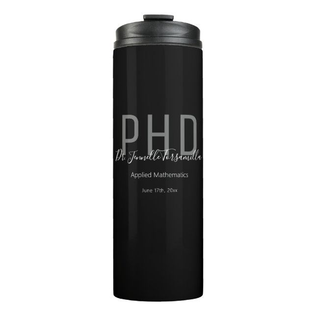 Graduate Keepake Black Gray Name Grad Doktortitel Thermosbecher (Vorderseite)