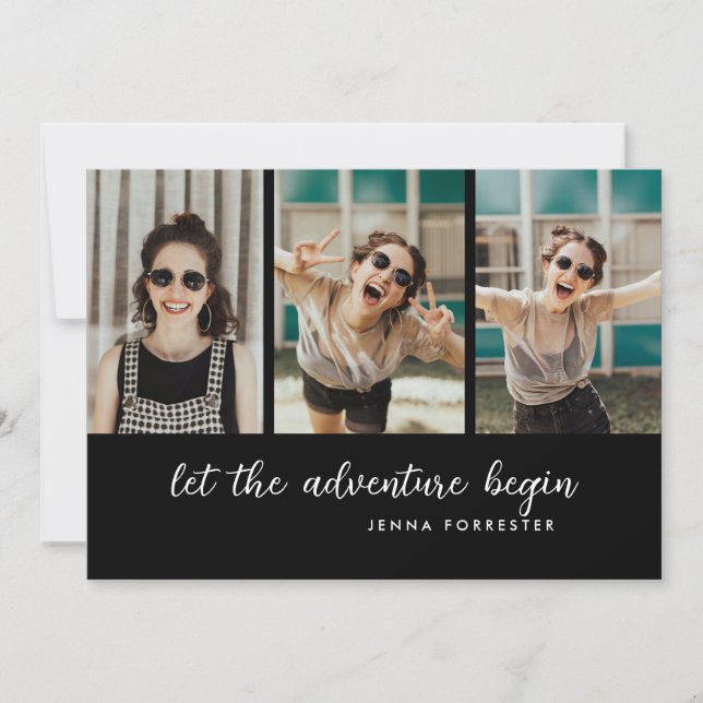 Graduate Ließ Das Abenteuer beginnt | Drei Fotos Einladung (Vorderseite)