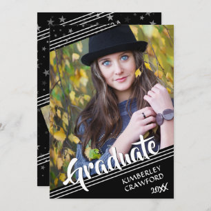 Graduate, Linien und Sterne  Schwarz und Weiß  4 F Einladung