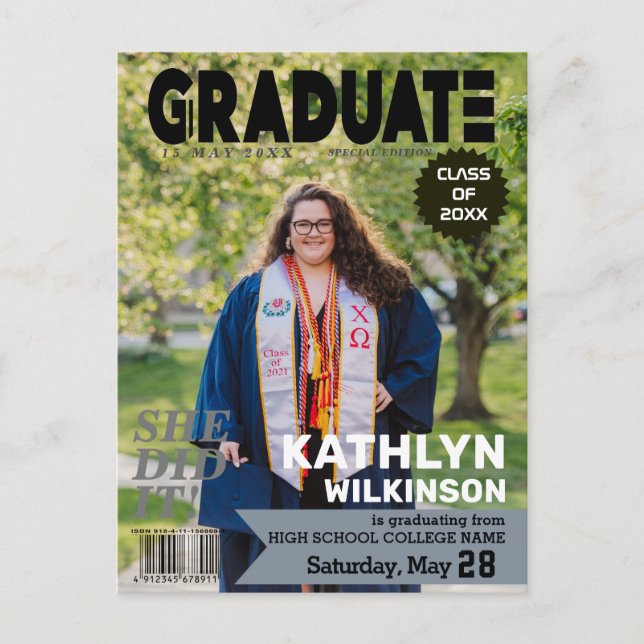 GRADUATE Magazine Cover Style Modernes Foto Ankündigungspostkarte (Vorderseite)