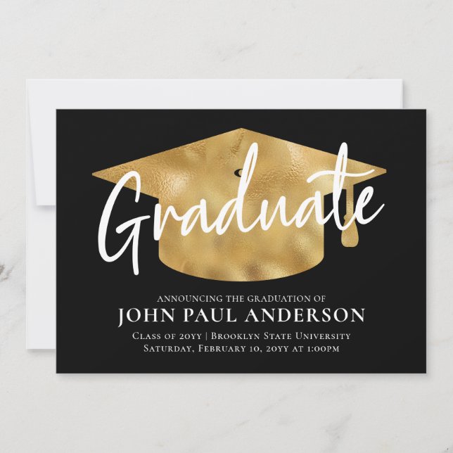 Graduate Metallic Gold Grad Cap Black Abschluss Ankündigung (Vorderseite)