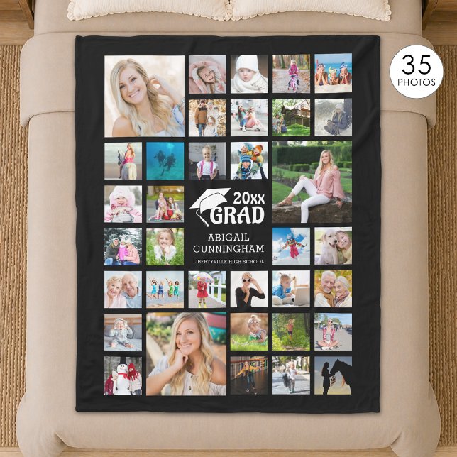 Graduate Modern Foto Collage Name School Black Fleecedecke (Von Creator hochgeladen)