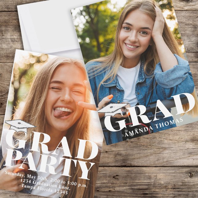 Graduate Modern Foto Template Bold Typografie Einladung (Graduation photo invitation with bold modern typography and a 2-photo template. )