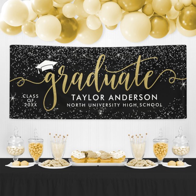 Graduate Modern Gold Script Black Graduation Party Banner (Von Creator hochgeladen)